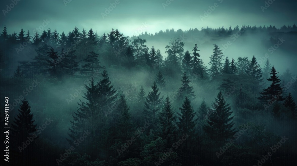 Retro-Styled Enigma: Moody Fir Forest Shrouded in Mist, Trees Emerging as Phantoms - obrazy, fototapety, plakaty 