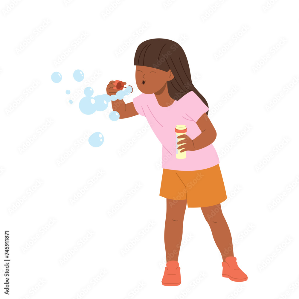 Little girl child cartoon character blowing soap bubble vector illustration isolated on white Little girl child cartoon character blowing soap bubble vector illustration isolated on white