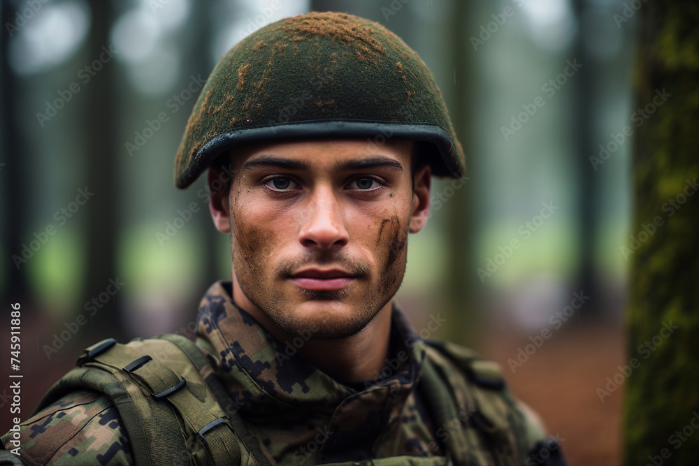 AI generated portrait of confident fully equipped and armed soldier fighting against aggression on battle field