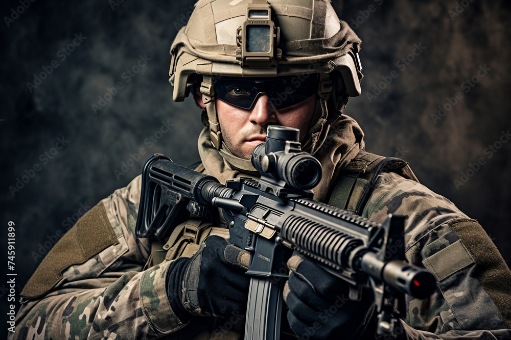 Ukrainian military army soldiers in uniform with weapons in war fighting against aggressor generative AI Ukrainian military army soldiers in uniform with weapons in war fighting against aggressor generative AI