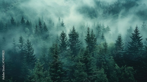 Vintage Misty Forest Scene: Fir Trees Rising like Phantoms, Captured in Hipster Style