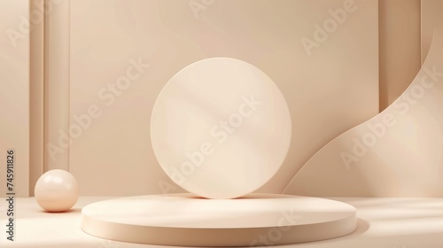 A minimalist neutral toned podium bathed in soft light, creating subtle shadows, perfect for a refined and elegant product display.