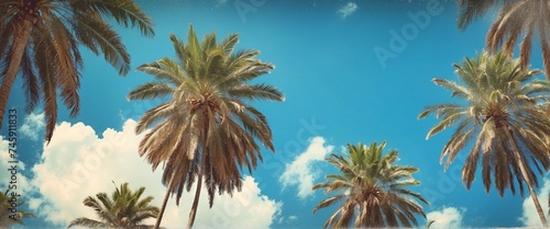 Beneath the Azure Canopy: A Vintage Perspective of Palm Trees Silhouetted Against a Brilliant Blue Sky, Capturing the Timeless Beauty of Nature's Elegance from Below