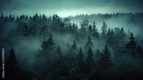 Retro-Styled Enigma  Moody Fir Forest Shrouded in Mist  Trees Emerging as Phantoms