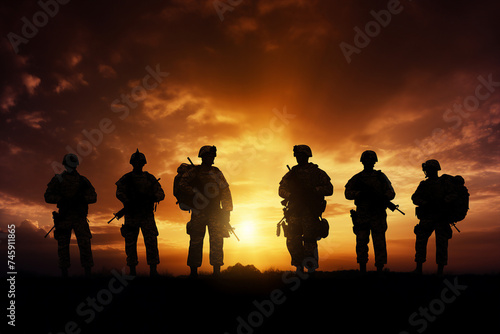 Armed and strong soldiers of special forces fighting against aggressors on sunset background made with generative AI