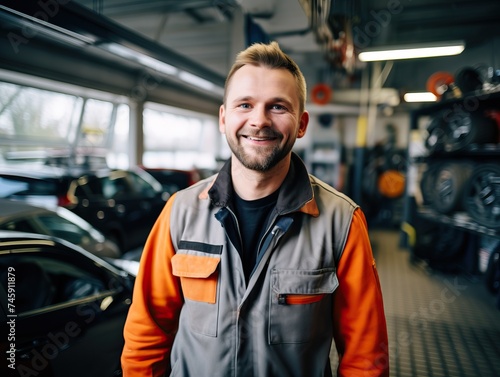 A professional and friendly car mechanic smiling and holding a wrench in a modern and clean service center. The mechanic is wearing a uniform and standing in front of a car.