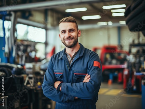 A professional and friendly car mechanic smiling and holding a wrench in a modern and clean service center. The mechanic is wearing a uniform and standing in front of a car.