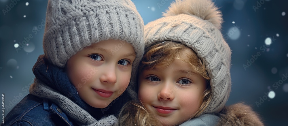 Two Playful Children Enjoying Winter Together in Colorful Knitwear and Hats Two Playful Children Enjoying Winter Together in Colorful Knitwear and Hats