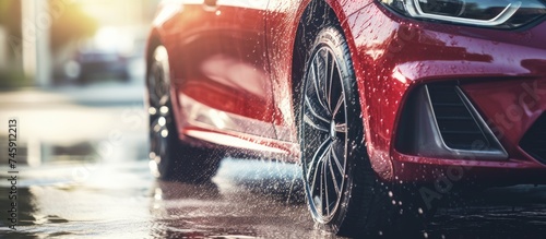 Energetic Red Car Splashes Through Water Puddle - Professional Auto Detailing Service © Ilgun