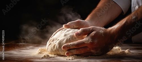 Creating Delicious Homemade Bread: Skilled Hands Kneading Dough on Wooden Table