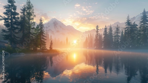Panoramic Dawn in Wilderness: Calm Lake with Rising Mist, Surrounded by Pine Forest and Mountains, Bathed in the Warmth of Sunlight Through the Trees