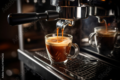 Espresso coffee machine making coffee liquid into the cup with cozy mood in the morning generative AI