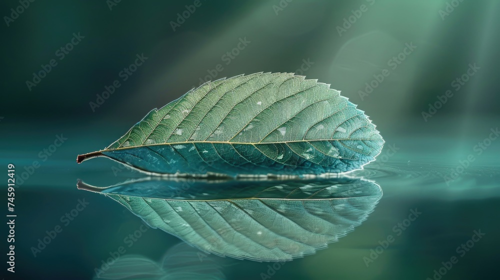 Obraz premium Serene Beauty in Nature: Delicate Leaf Illuminated on Reflective Turquoise Waters