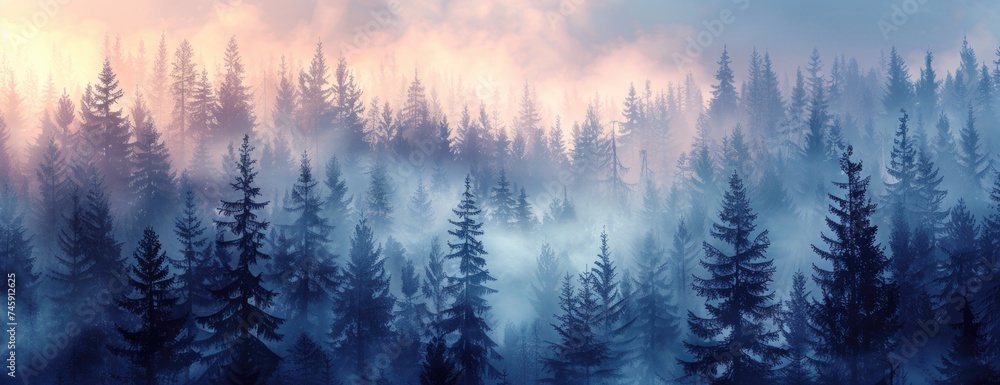 Forest Mystique: Gentle Fog Envelops Towering Fir Trees, Creating a Tranquil, Enchanted Landscape - obrazy, fototapety, plakaty 