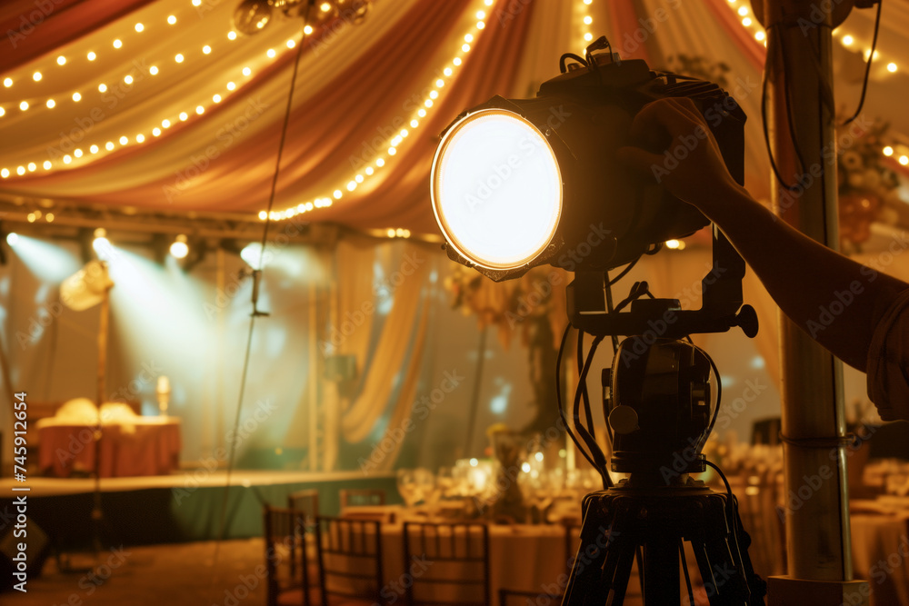 Fototapeta premium person adjusting spotlight on the stage in a banquet tent