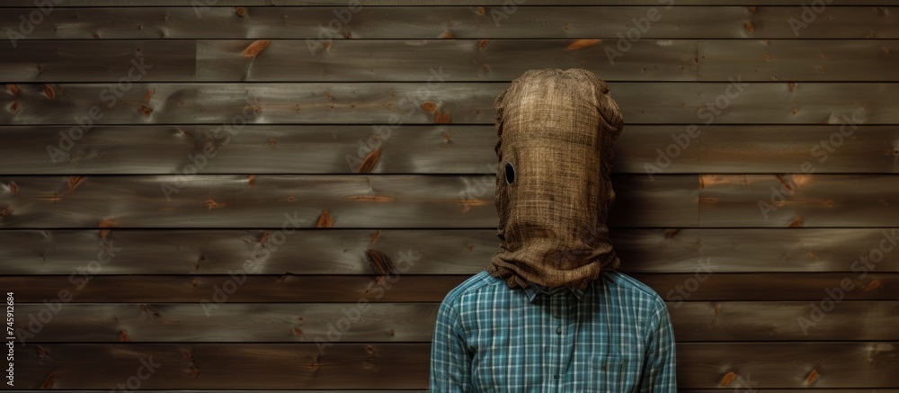 Mysterious Man Conceals Head with Cloth Against Wooden Wall, Posing Enigmatically - obrazy, fototapety, plakaty 