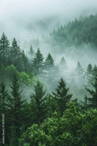 Enchanted Dawn: Towering Fir Trees Shrouded in Mist, a Mysterious and Serene Forest Scene