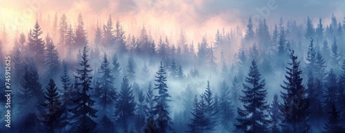 Forest Mystique: Gentle Fog Envelops Towering Fir Trees, Creating a Tranquil, Enchanted Landscape