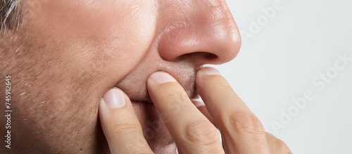 Man with Tongue Out and Hand on Mouth Showing Different Dermatological Conditions or Habits