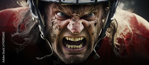 Aggressive football player with bloody face focusing on the game © Ilgun