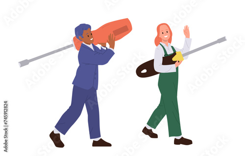 Businessman and repairwoman cartoon characters wearing uniform holding giant work tool isolated set