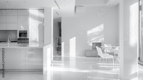 Minimalist white kitchen, clean lines and minimalist furnishings