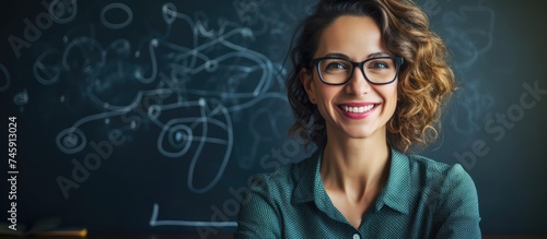 Enthusiastic Teacher with Glasses Smiling at the Camera in a Vibrant Classroom Setting