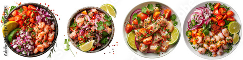 Variety of fresh ceviche dishes with shrimp, lime, and herbs on transparent background.