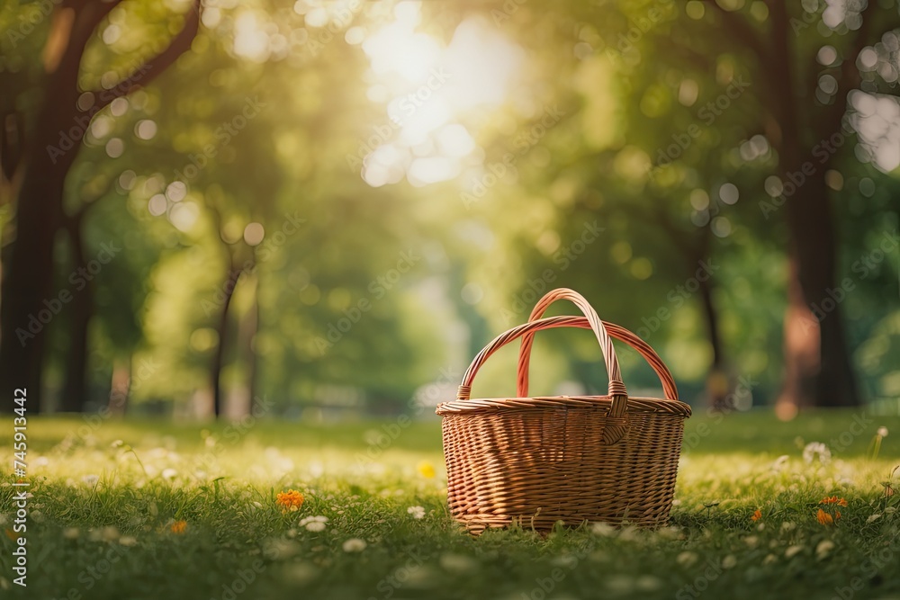Wicker basket on green grass in the park. Wicker basket on green grass in the park.