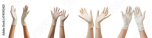 Set of various skin-toned hands raised wearing white latex gloves on a transparent background.