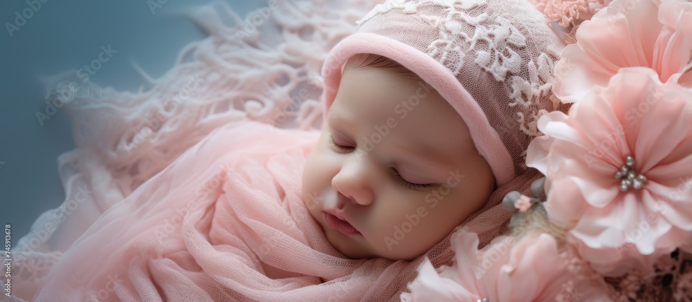 Peaceful Baby Girl Dreaming in a Tender Pink Blanket with Delicate Lace and Soft Satin Flower Peaceful Baby Girl Dreaming in a Tender Pink Blanket with Delicate Lace and Soft Satin Flower