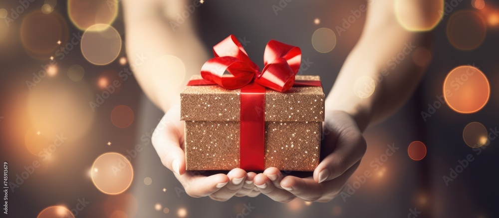Elegant Woman Holding Beautifully Wrapped Present with Red Ribbon for Christmas Celebration Elegant Woman Holding Beautifully Wrapped Present with Red Ribbon for Christmas Celebration