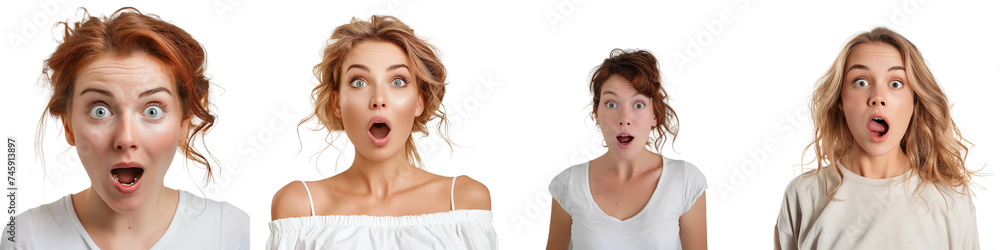 Set of young women with various surprised expressions, isolated on a transparent background. Set of young women with various surprised expressions, isolated on a transparent background.