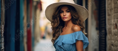 Stylish Woman Flaunting Blue Dress and Elegant Hat in Urban Street Setting