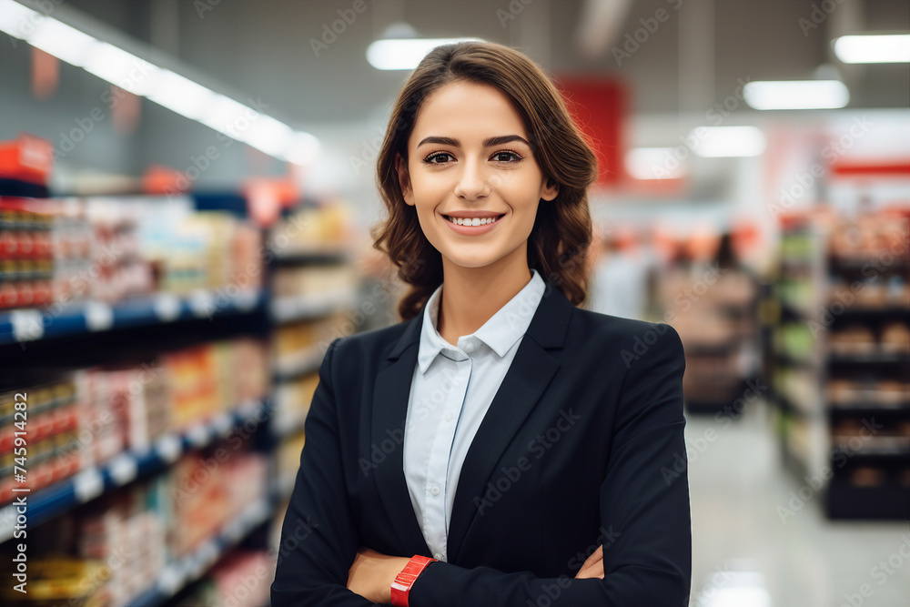 Smiling person working in supermarket grocery store department Generative Ai picture Smiling person working in supermarket grocery store department Generative Ai picture