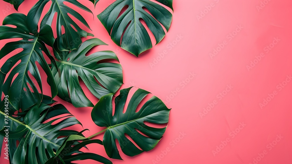 Beautiful tropical palm monstera leaves branch isolated on bright pink background, top view, flat lay, overhead above summer beauty blank design concept. Generative Ai