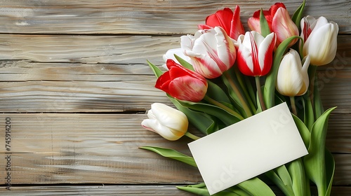 Beautiful spring tulips and card on light wooden background, space for text. International Women's Day. Generative Ai