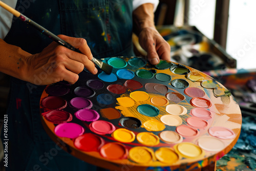 painter with color palette deciding on shades