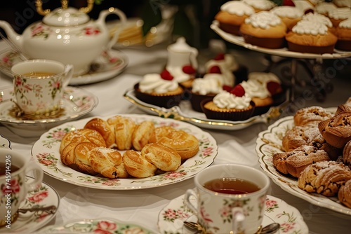 Cakes and pastries on a table at a wedding party.