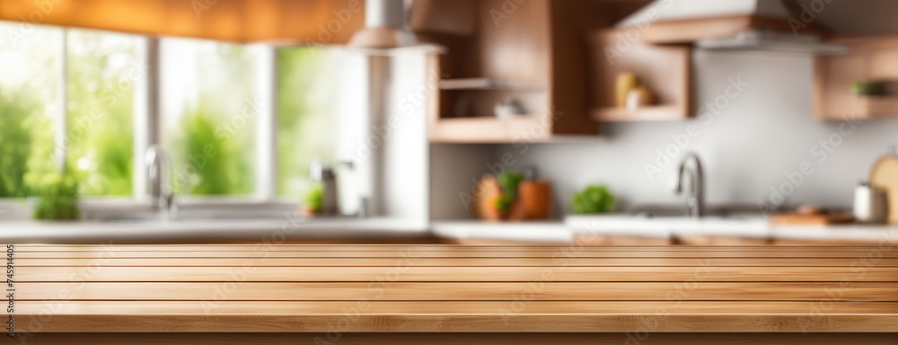 Wooden Countertop with Blurred Kitchen Window Wooden Countertop with Blurred Kitchen Window