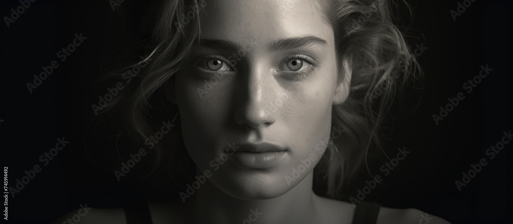 Ethereal Beauty: Enigmatic Woman Poses with Long Hair Against Dramatic Black Background Ethereal Beauty: Enigmatic Woman Poses with Long Hair Against Dramatic Black Background