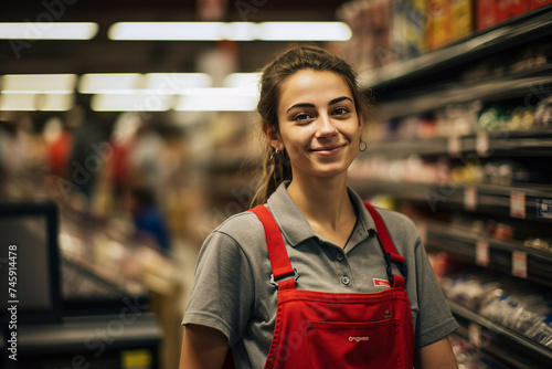 Smiling person working in supermarket grocery store department Generative Ai picture