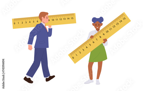 Businessman and student cartoon characters holding ruler work tool isolated set on white background