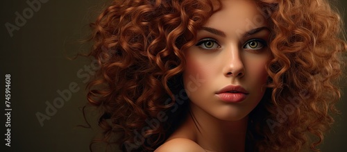 Sultry Woman Showcasing Green-Eyed Glamour with Luxurious Curly Hair and Elegant Makeup