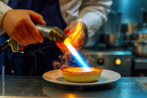 chef using a blowtorch on a creme brulee dessert