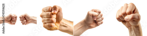 A diverse set of human fists showing different thumb positions, isolated on a transparent background. photo