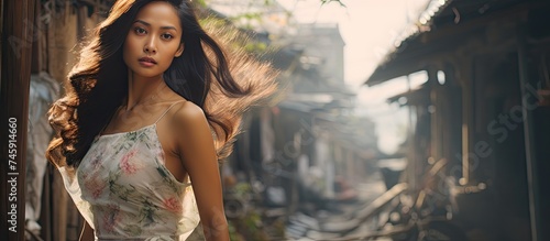 Filipina Woman in Elegant Dress Strolling Thoughtfully on Urban Sidewalk
