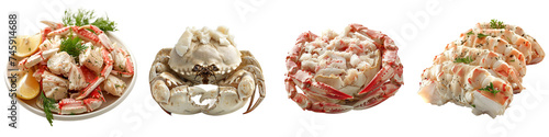 An appetizing assortment of crabs and crabmeat dishes, isolated on a transparent background.