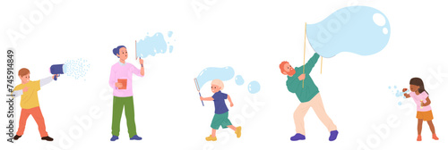Happy excited family cartoon characters playing liquid soap bubble at party isolated on white