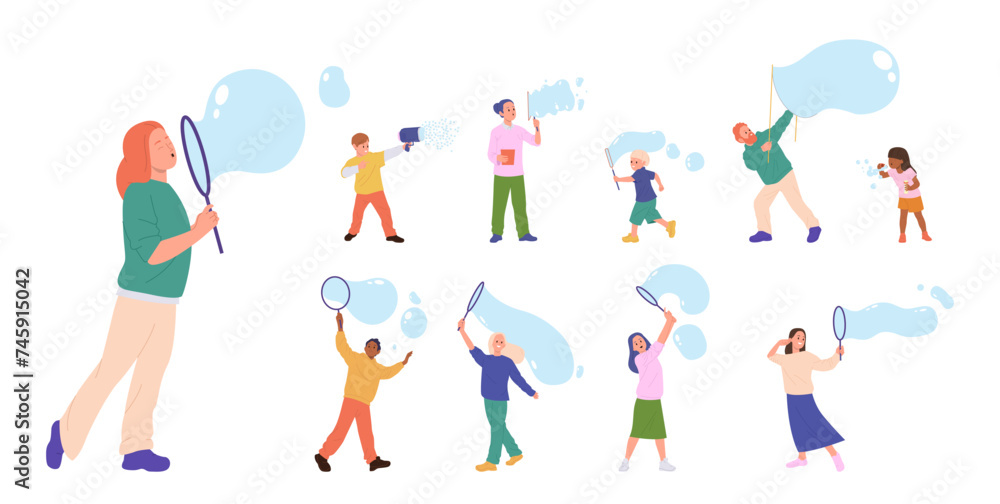 Happy people, overjoyed family members cartoon characters blowing bubbles isolated set on white